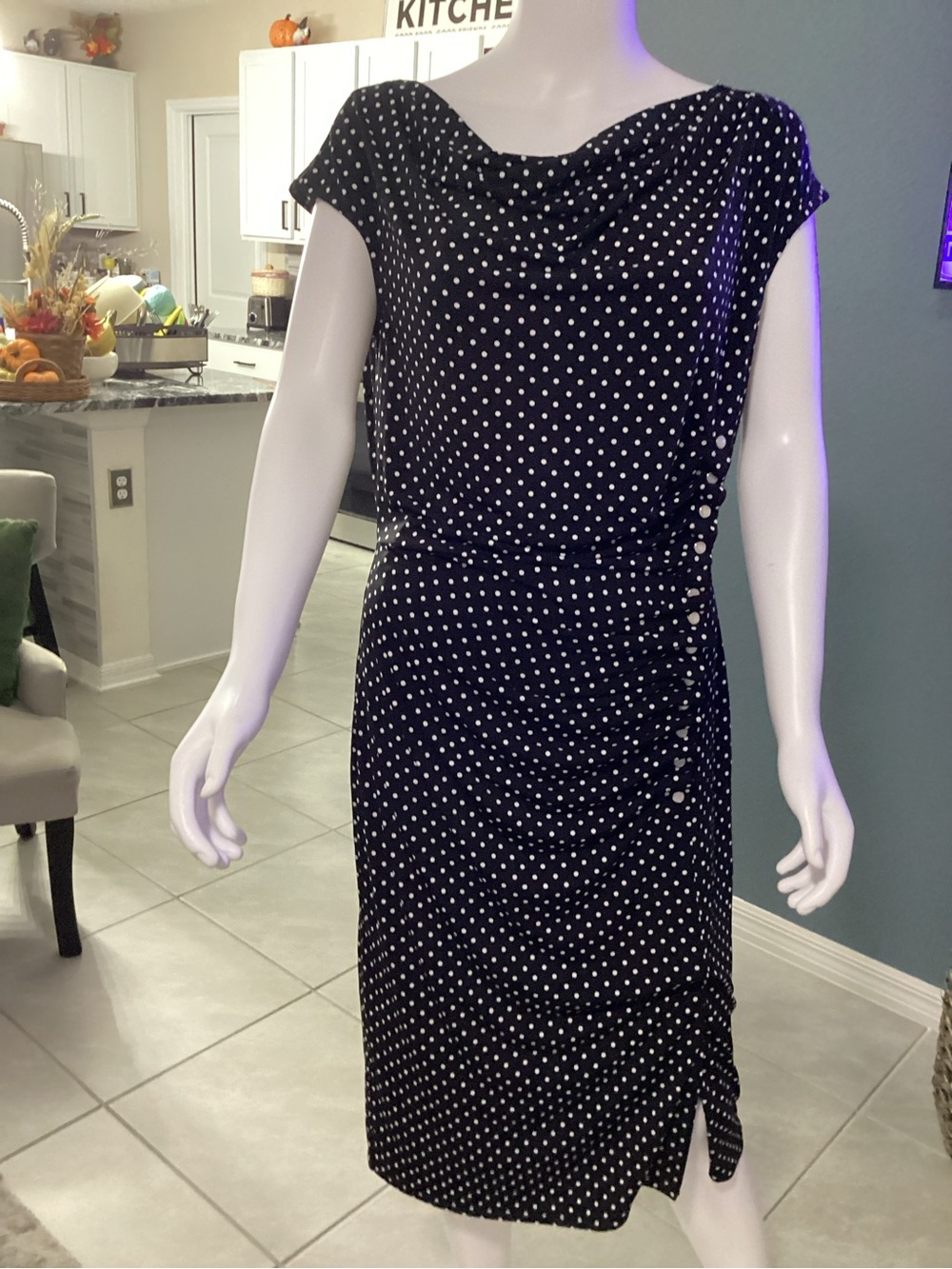 White House Black Market Shirred Midi Dress Polka Dot Size 12 New